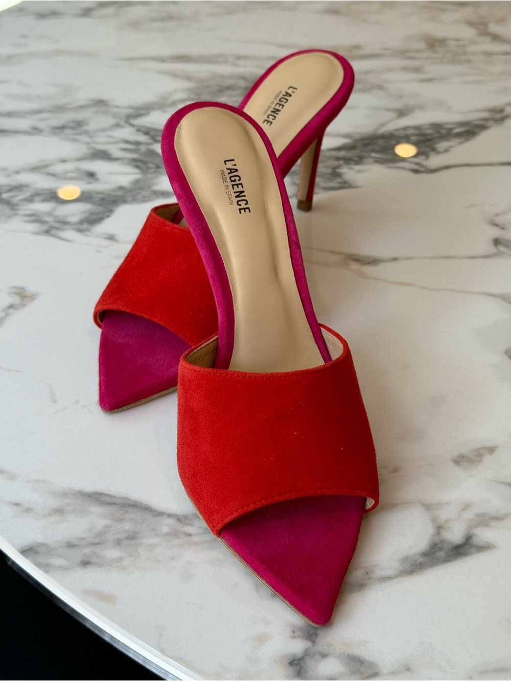 L'AGENCE Cherry tomato Red and Pink Suede Pointed-Toe Mule Heels, size 39